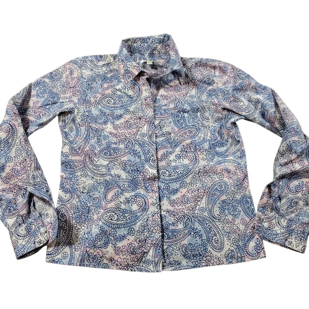 Orvis Shirt Womens 6 Blue Pink Floral Button Up Top Blouse Collared